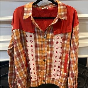 POL Plaid Button-Up Shirt with Star Pattern